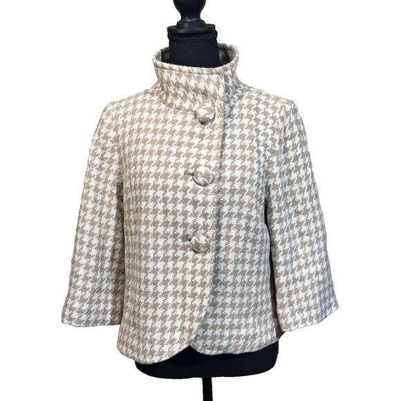 Banana Republic Houndstooth Wool Cropped Coat Jacket Beige Size 12 Classic Y2K - Picture 2 of 14